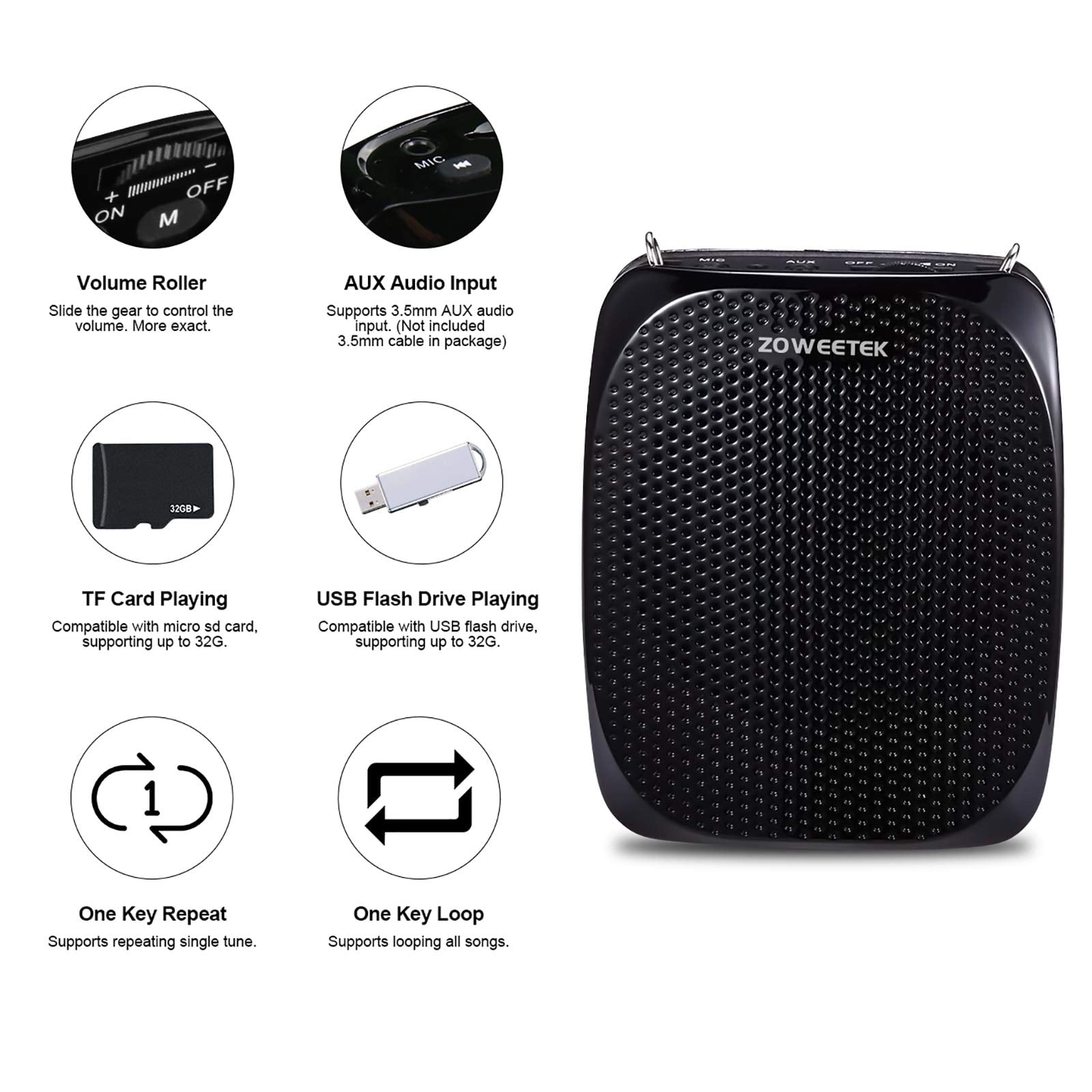 Zoweetek Mini Voice Amplifier for teachers with Wired Microphone Headset, Pa System Supports TF/USB for Teachers, Singing, Yoga, Training,Tour Guide