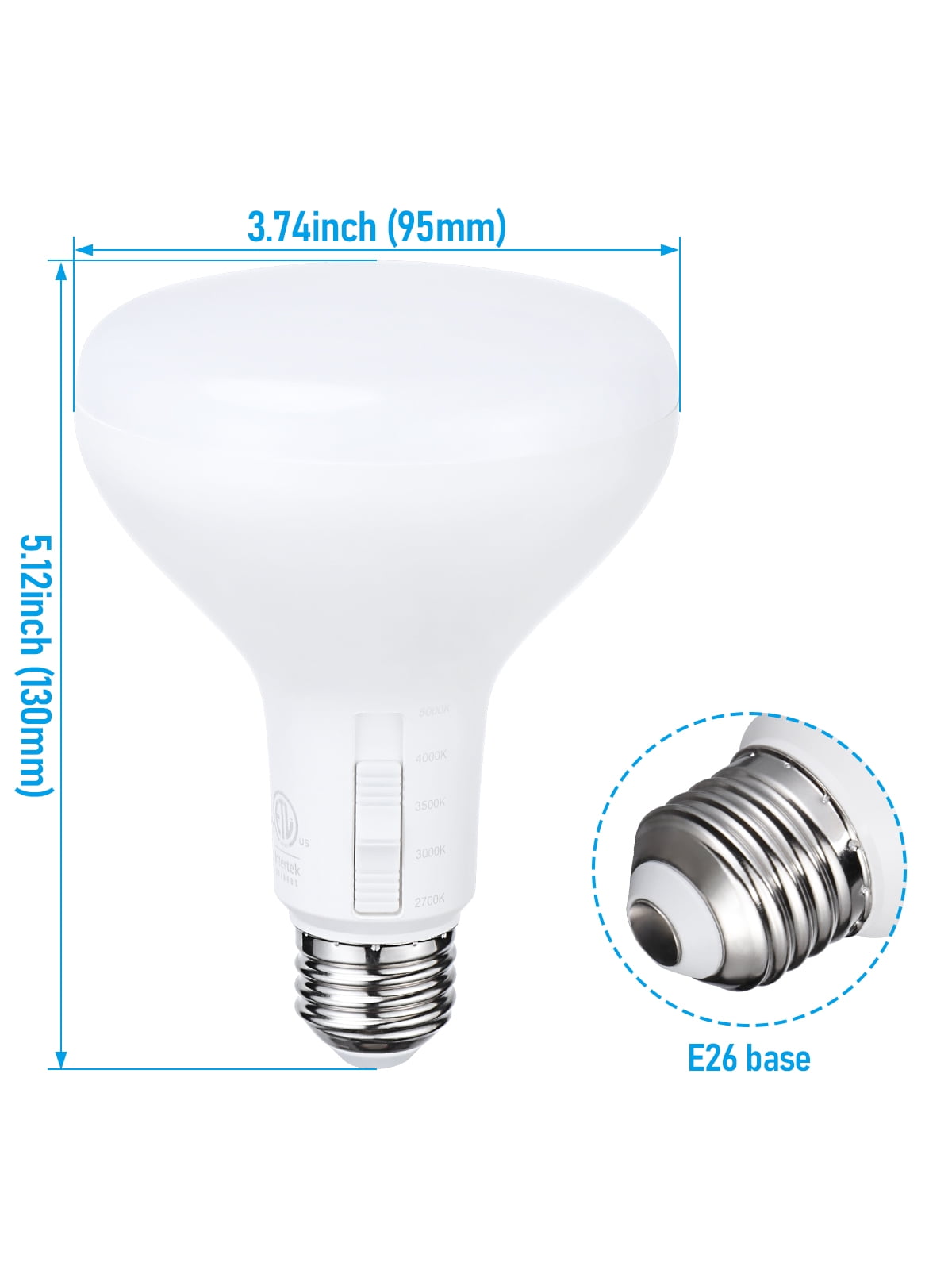 12 Pack 5CCT BR30 LED Light Bulbs, Dimmable, 6.5W, E26 Base, 2700K/3000K/3500K/4000K/5000K Selectable, Recessed Can Light Bulbs, UL FCC Listed