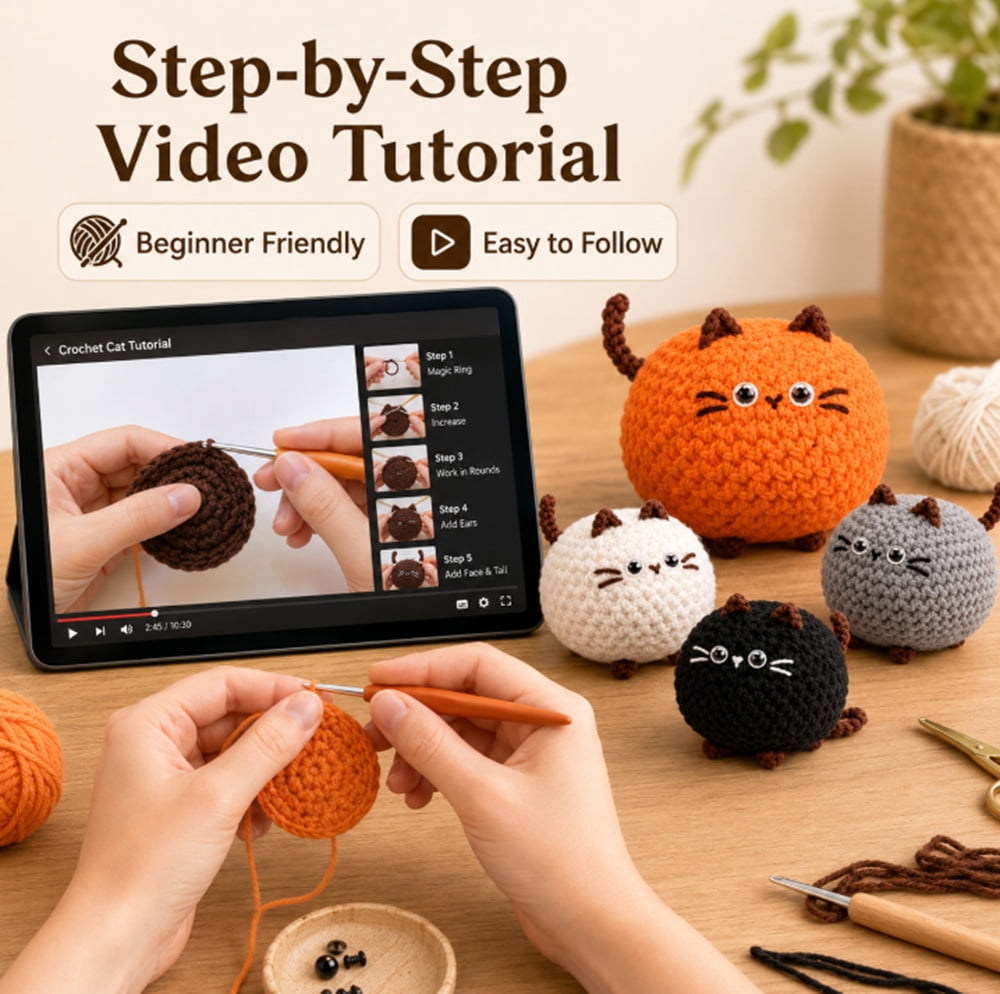 4 Pack Cat Family Crochet Kit for Beginners, Cat Amigurumi Starter Set with Step by Step Video Tutorials, TIKA