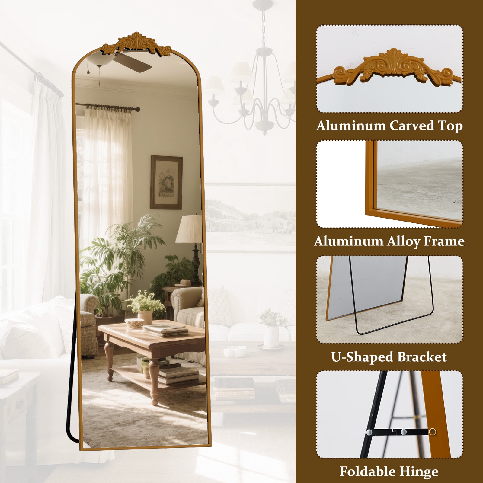Anyrose 72"x 24" Baroque Full Length Mirror Arched Vintage Floor Mirror with Stand, Gold