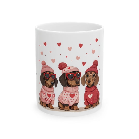 Dachshund Valentine Mug, Ceramic Coffee Cup with Hearts Gift for Dog Lovers