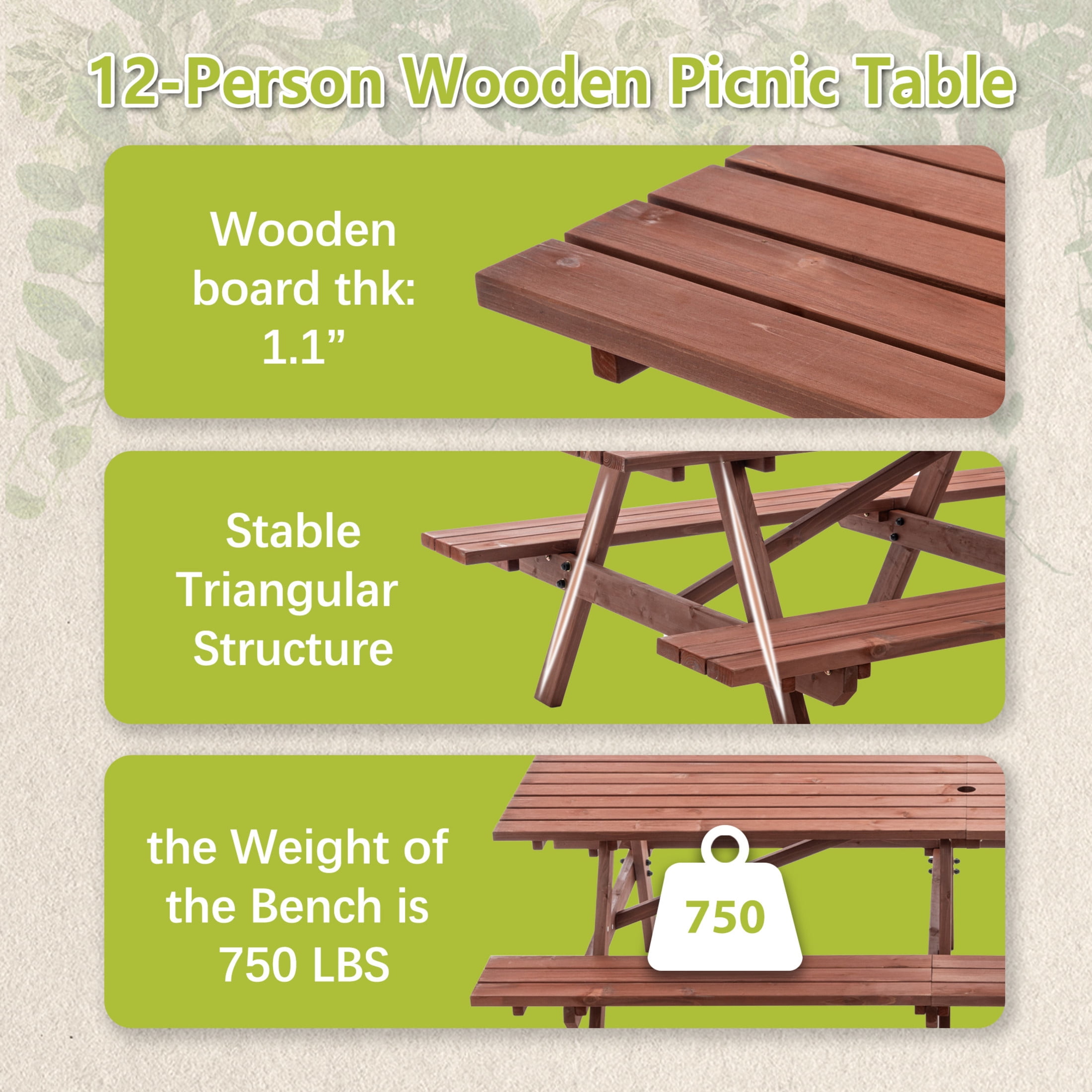 Noble House Jocasta 12-Seat Rectangular Outdoor Picnic Set, Patio Wooden Dining Table with Built-in Benches, Brown