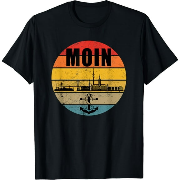 Moin Hamburg Germany Skyline anchor distressed retro sun T-Shirt mens t shirt，black，women，funny，misfits，men，journey