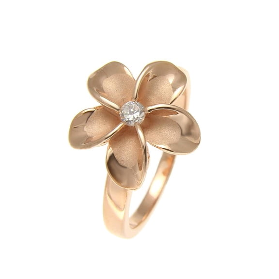Pink rose gold plated 925 sterling silver 15mm Hawaiian plumeria flower ring cz size 3