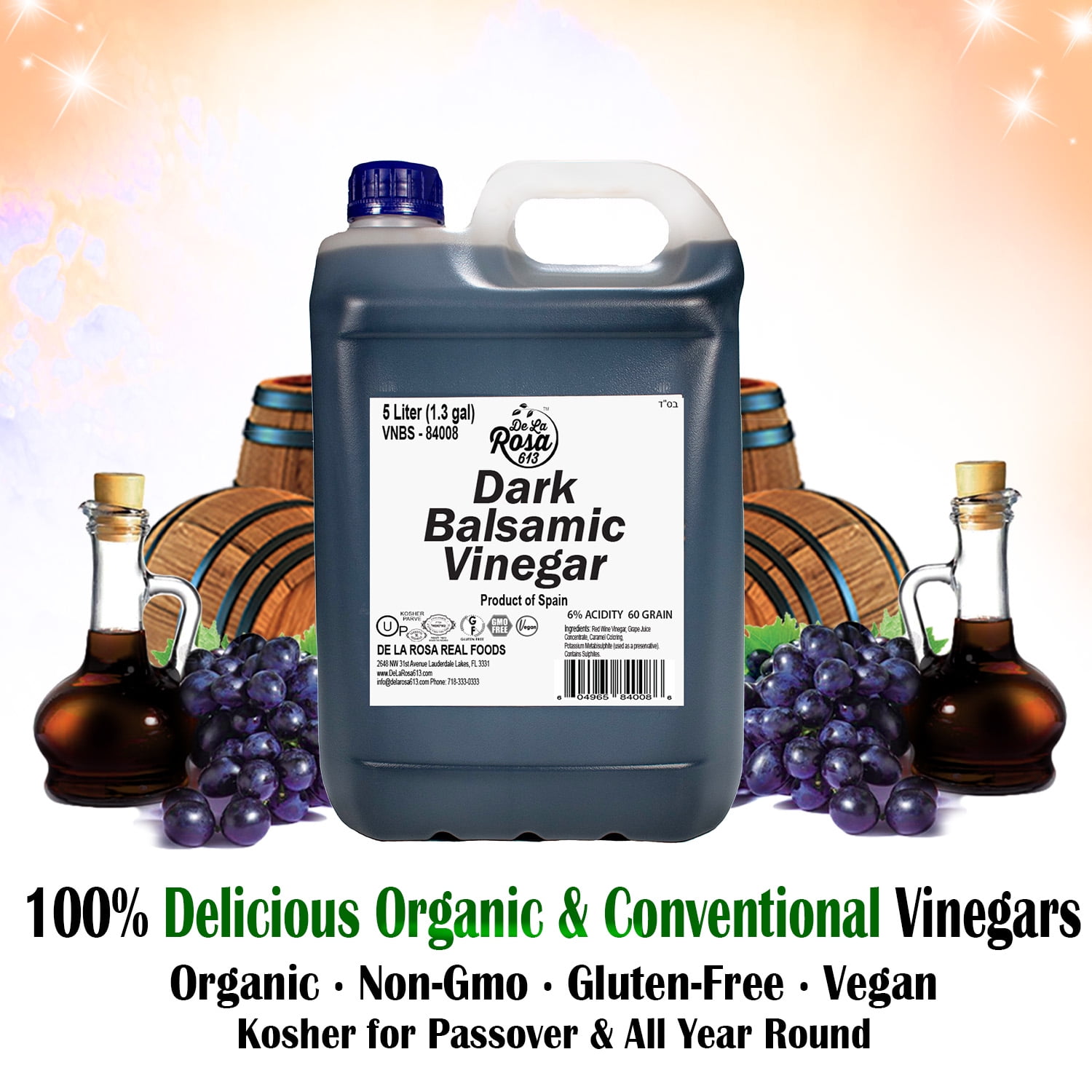 De La Rosa 613 Dark Balsamic Vinegar, Vegan, Kosher & Gluten-Free, 5 Liter (Pack of 1)