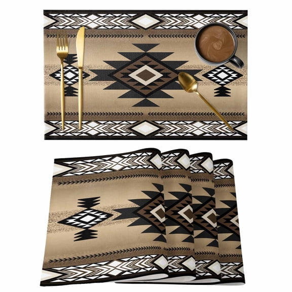 Brown Southwest Placemats Set of 4, Farmhouse Boho Aztec Geometric Neutral Placemats for Dining Table, Place Mats for Kitchen Tabletop, Waterproof Wipeable Dining Table Mats Set