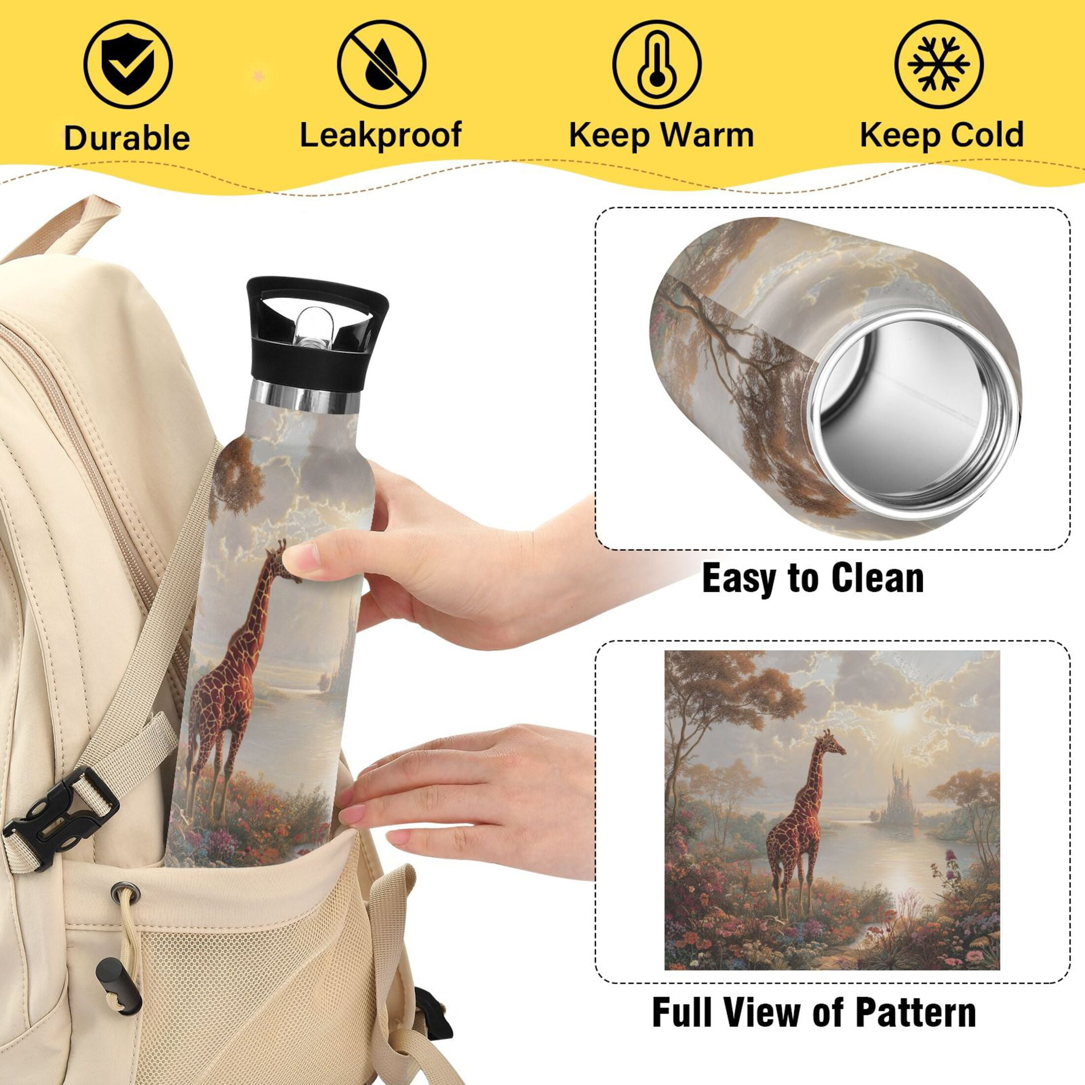 Kids Insulated Stainless Steel Sports Water Bottle 600ml (20oz) Oil Painting Of Giraffe