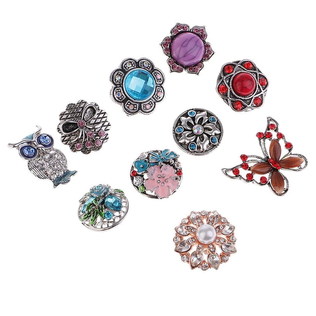 10 Piezas De Diseño Vintage De Cristal De De Imitación, 18 Mm, Botón A Presión, Aleación, Abalorios De Socio, Mariposa, Flor, Formas De Búho Soledad Botón a presión del encanto