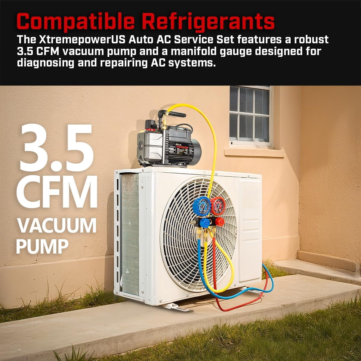 XtremepowerUS 3.5 CFM Vacuum Pump & Manifold Gauge Set, 1/3 HP HVAC Refrigerant Service Kit with Hoses & Can Tap