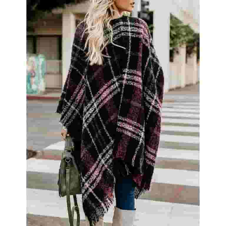 【楽天ランキング1位】 Women's Dteck Poncho Cardigan Tassel Knitted Plaid, Boho - Clothing