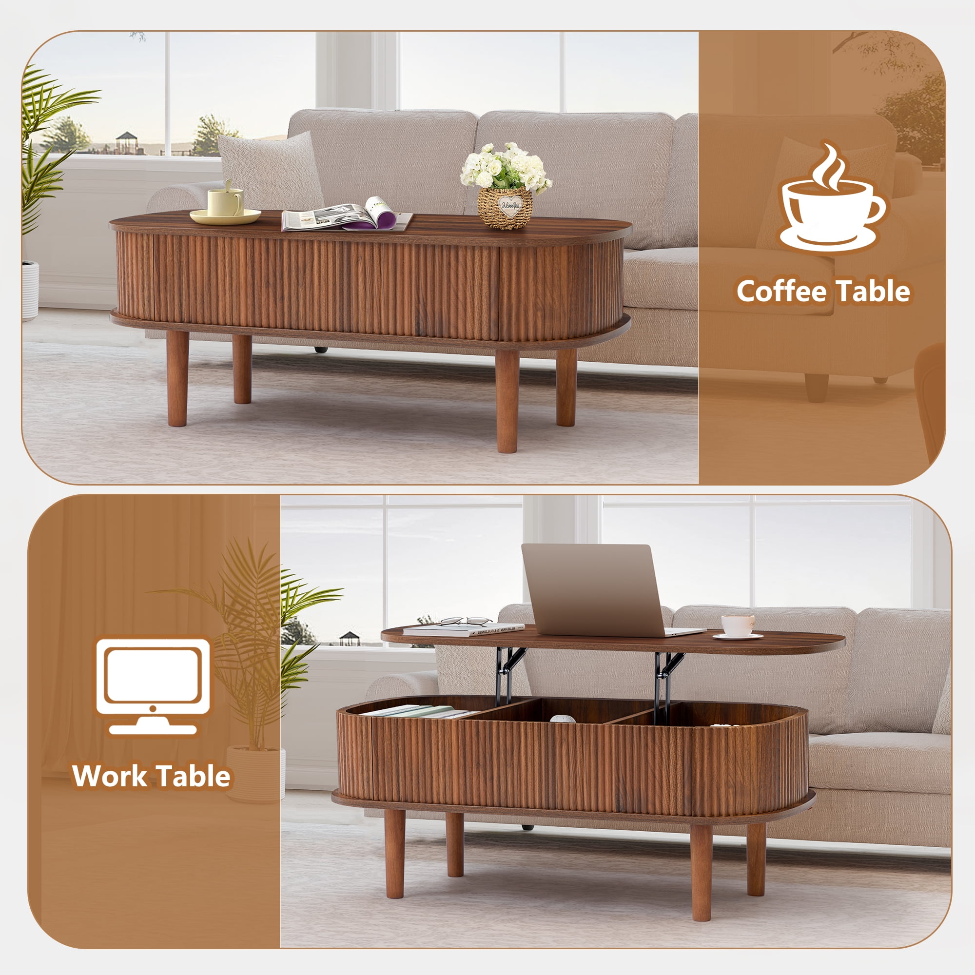 PHOYAL Wood Lift Top Coffee Table with Storage, Fluted Oval Coffee Table with Hidden Compartments for Living Room, Walnut