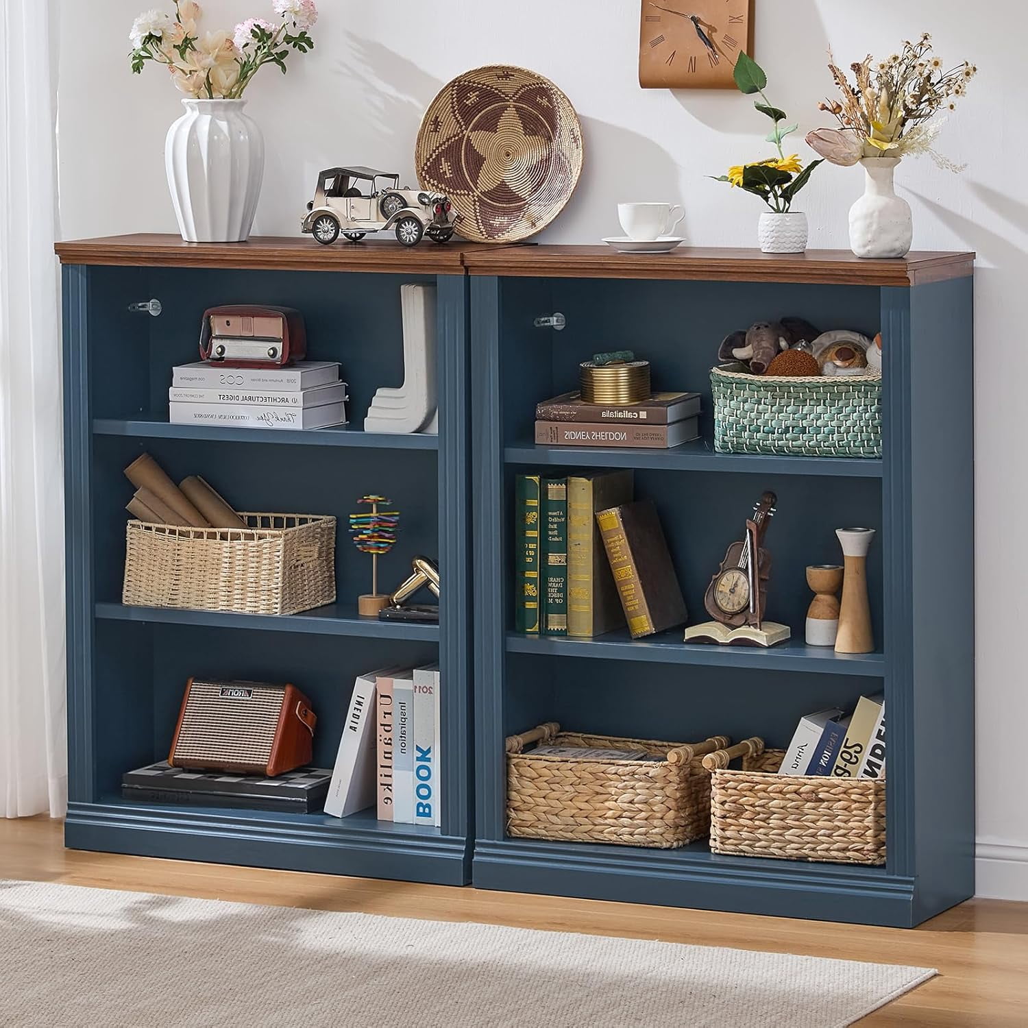 Joaxswe 43" Blue Tall Bookshelf, 3-Tier Thick Wood with Adjustable Shelves, Farmhouse Bookcase for Living Room, Office, Blue