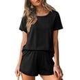 thumbnail image 1 of Conjunto de pijama Ekouaer para mujer, cuello redondo, manga corta, negro, 1 of 6