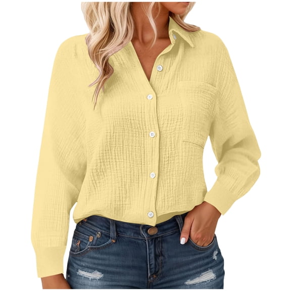 felwors Women's Button-Down Blouses - Cozy Textured Collared Long Sleeve Shirts for Fall Work & Camping Yellow, XL