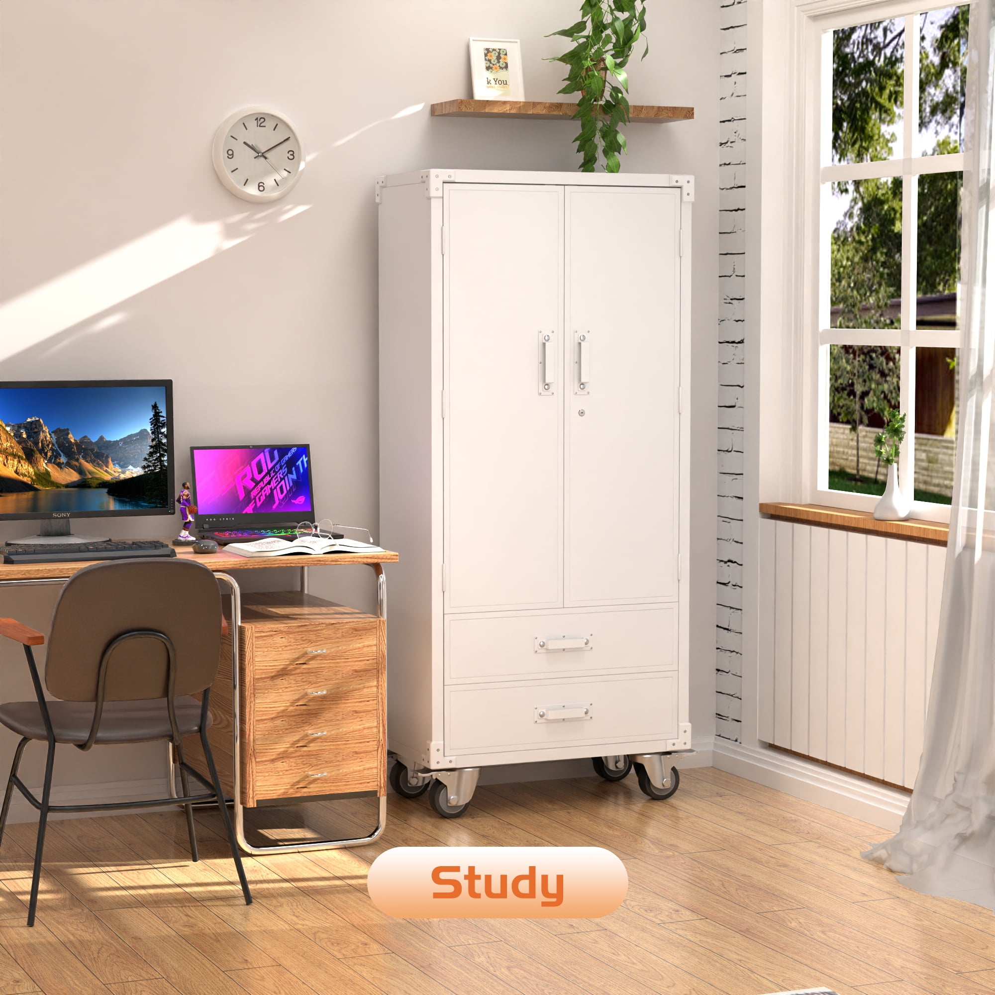 Supeer Lockable Rolling Metal Storage Cabinet with 2 Drawers and 2 Doors, White, 72 inches