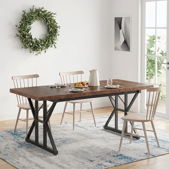 Farmhouse Dining Table For 6 People, 70.8-Inch Rectangular Rustic Wood Table With Heavy Duty Metal Legs, Multifunctional Kitchen Table For Dining Room (Brown&Black)