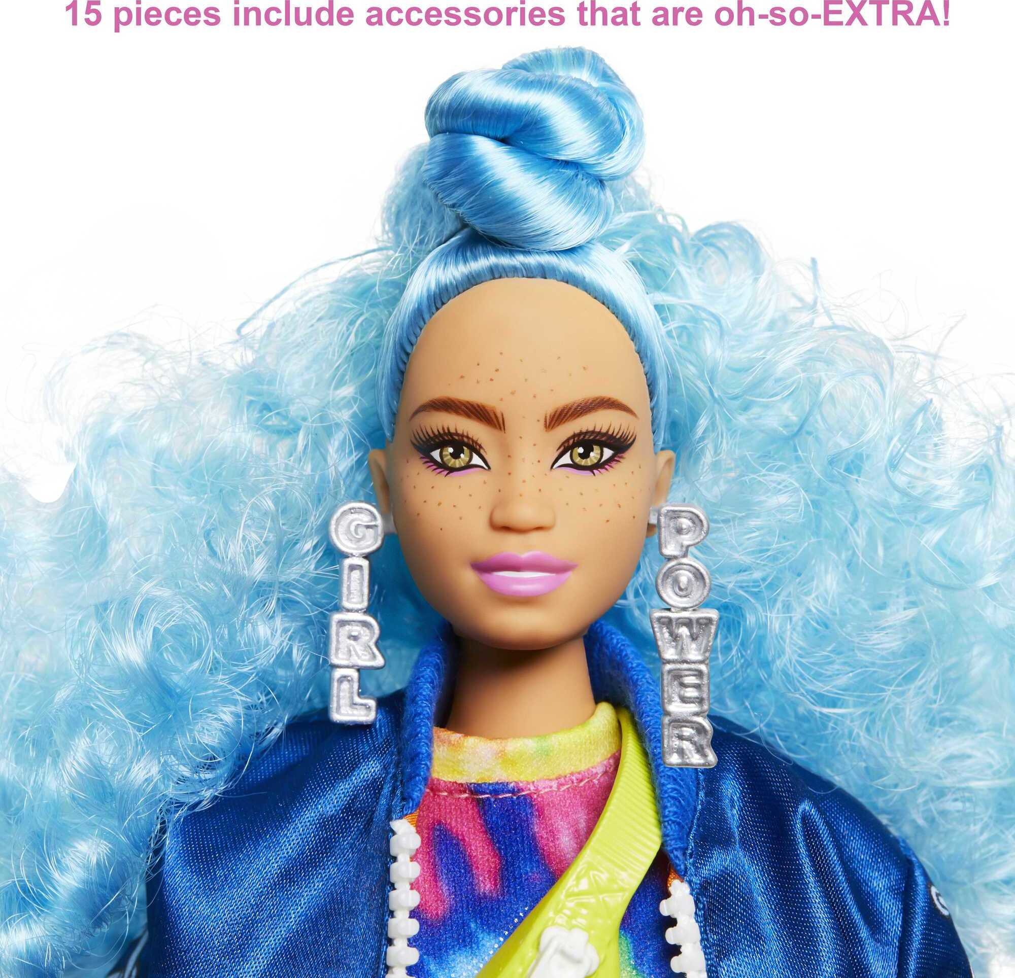 Barbie Extra Fashion Doll with Curvy Shape & Curly Blue Hair in Blue Jacket with Accessories & Pet - image 4 of 8