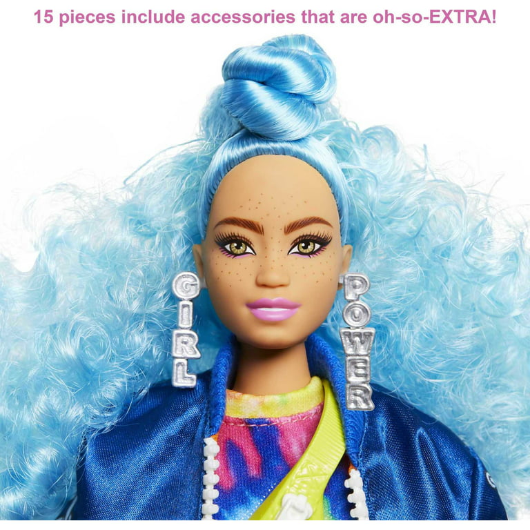 Barbie Extra Fashion Doll with Curvy Shape & Curly Blue Hair in Blue Jacket  with Accessories & Pet 