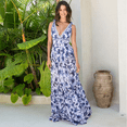 thumbnail image 3 of FLAXMAKER Blue and White Adjustable Shoulder Strip Plant Prints One Piece Swimsuit and Skirt/Sarong, 3 of 8