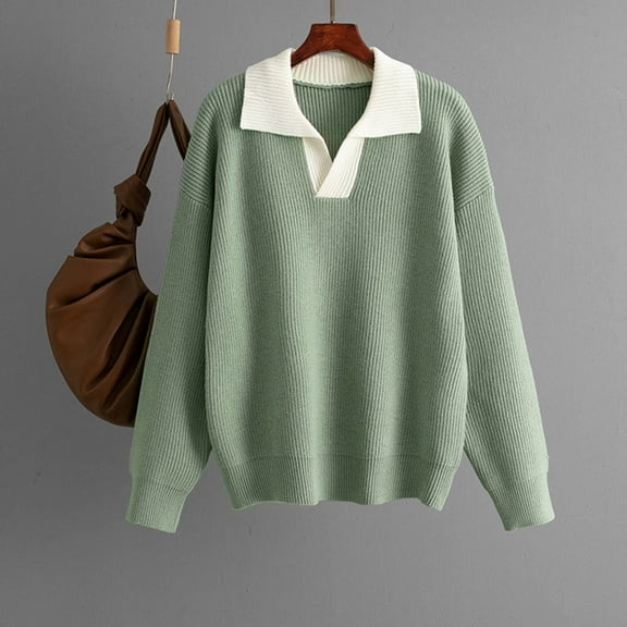 Qulqfy Pullover Sweaters for Women Knit Long Sleeve Green Lapel Collar Work Casual Shirts Winter Sweaters for Women Free