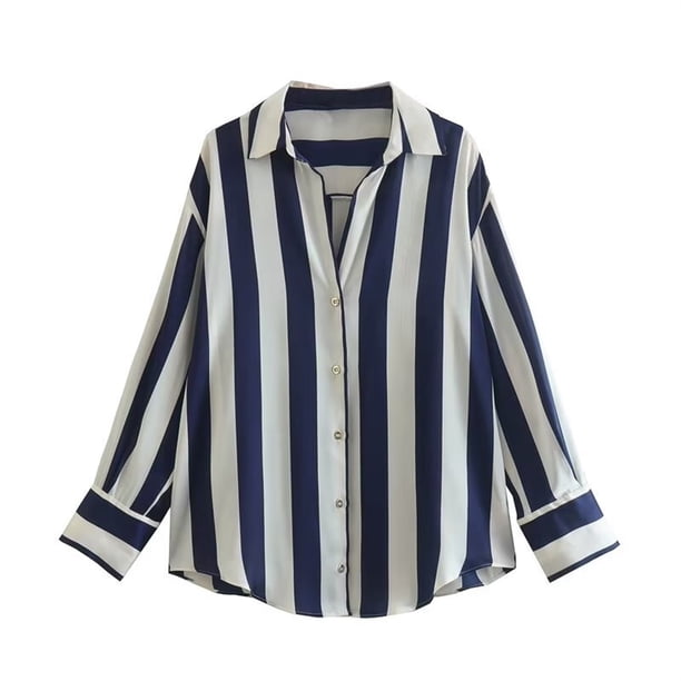 Camisa de gran tamaño a rayas for mujer, blusa de satén, camisas de manga larga con botones for camisas y blusas con cuello