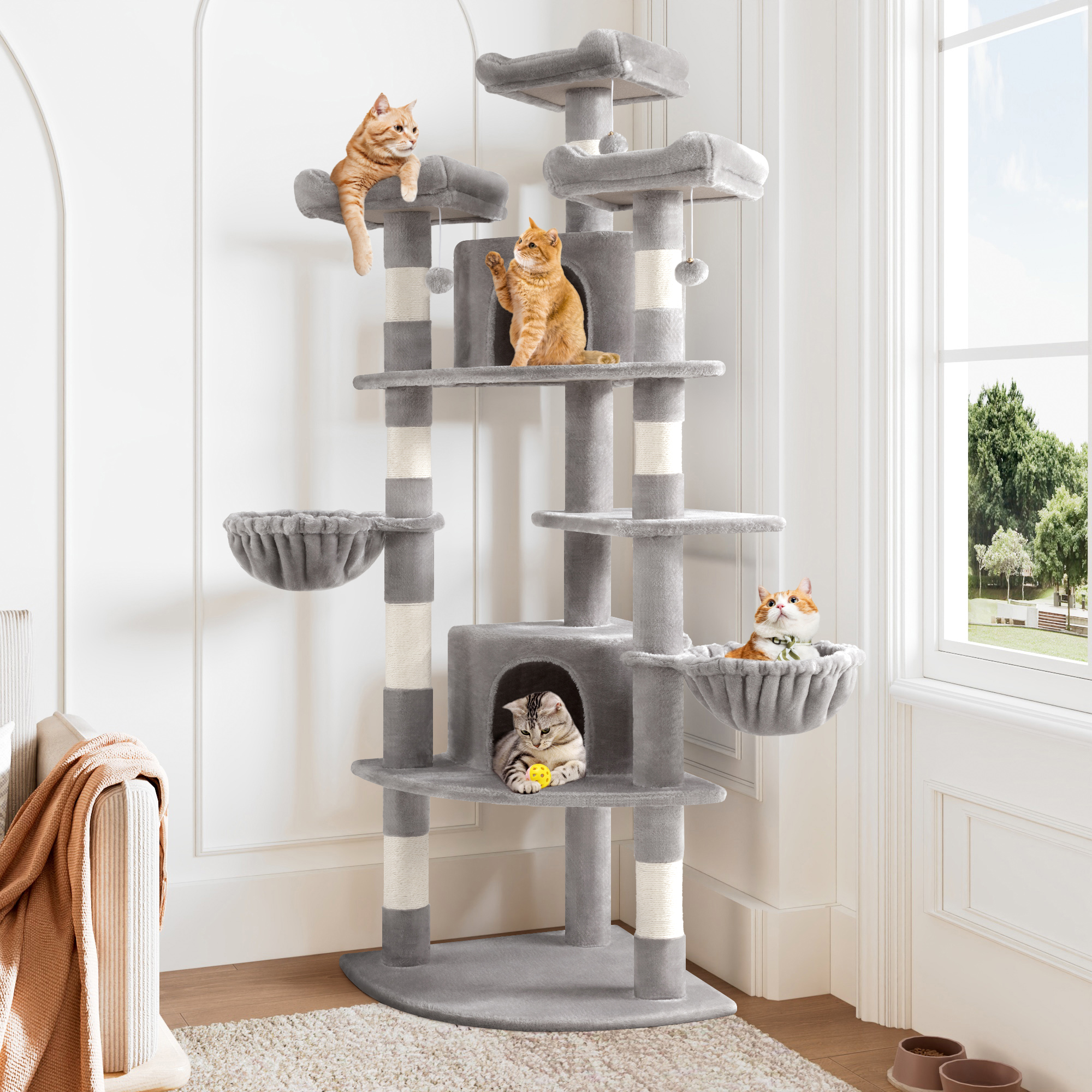 Allewie 73in Fan-Shaped Space-Saving Corner Cat Tower, Multi-Level Tall Cat Tree for Indoor Kitties, Cozy Baskets, Condos, House, Perches, Sisal Scratching Posts, Grey