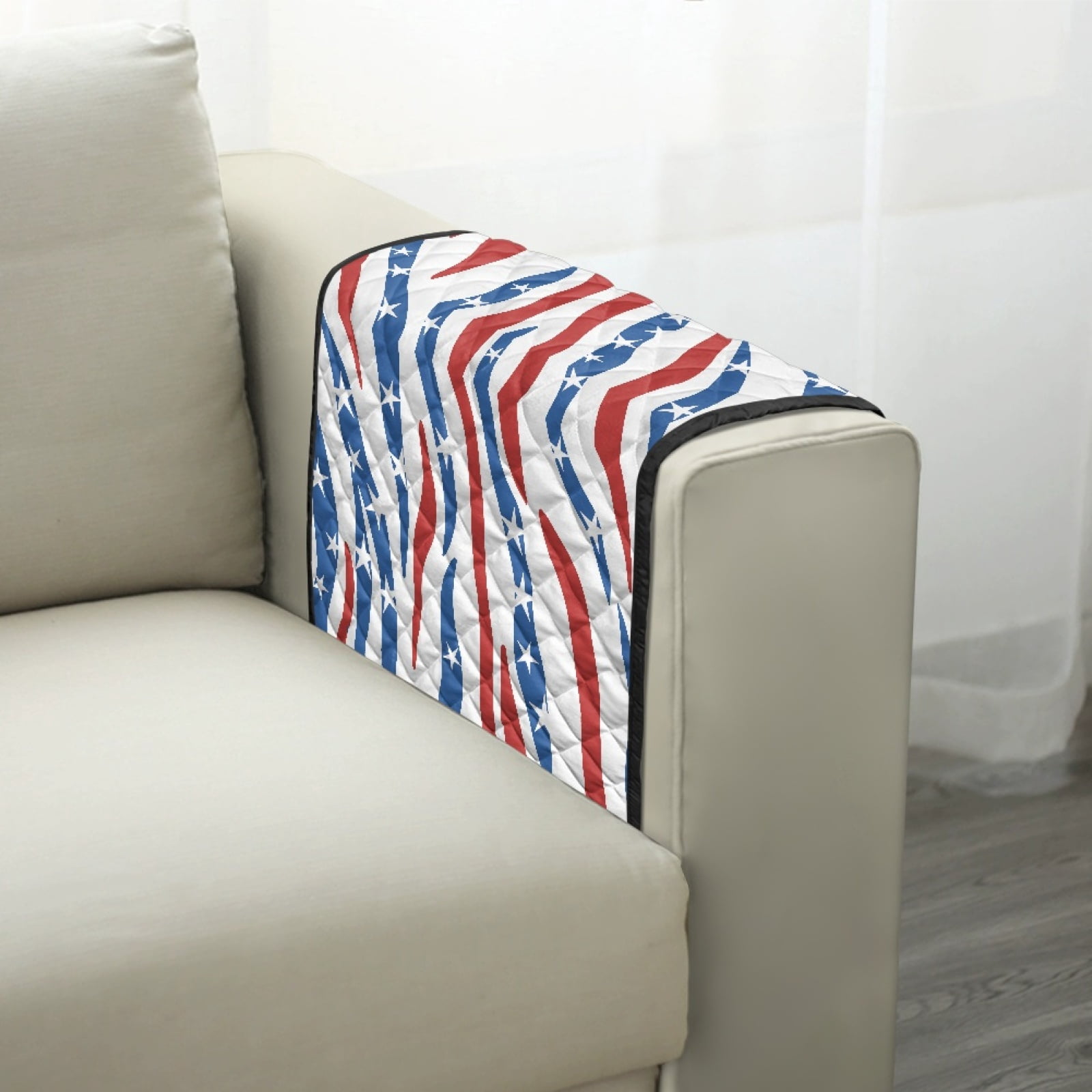 TSOVTHRID Blue Red Stripe Star Print Couch Arm Rest Cover Anti-Slip Furniture Protectors for Pet Cat Dog, Stain Resistant Arm Covers for Sofa with 2 Pockets Modern Home Decor