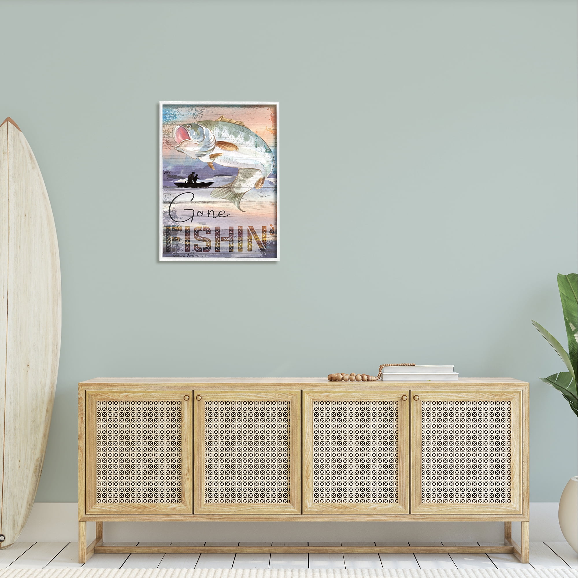 Stupell Gone Fishin' Bass Angler Marine Life Landscape Painting White Framed Art Print Wall Art