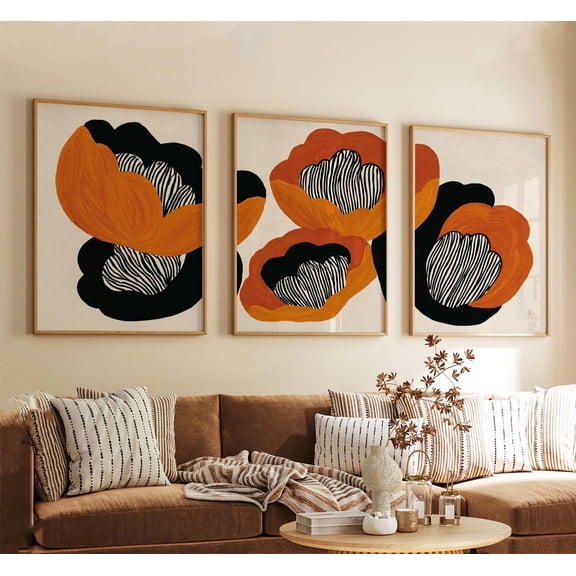 Abstract Floral Print Burnt Orange Botanical Wall Art Set 3 Stretched Canvas 8x12