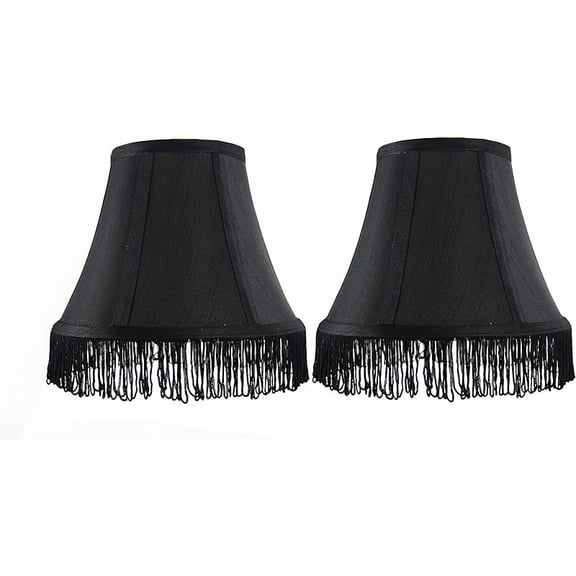 Set of 2 Silk Bell Lamp Shades, 5-inch by 9-inch by 7-inch, Cream with White Fringe, Spider-fitter