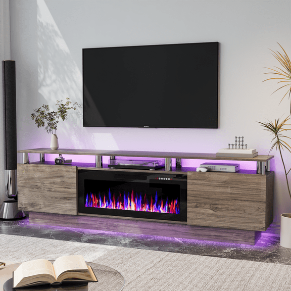 80" Modern Fireplace TV Stand with 36" Electric Fireplace for TVs Up to 90 inch, Luxury LED Light Entertainment Center with High Gloss Cabinet, TV Consoles for Living Room