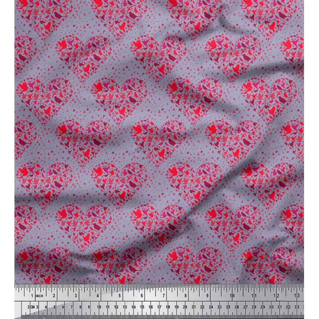 Soimoi Poly Georgette Fabric Bird & Heart Printed Fabric 1 Yard 42 Inch Wide
