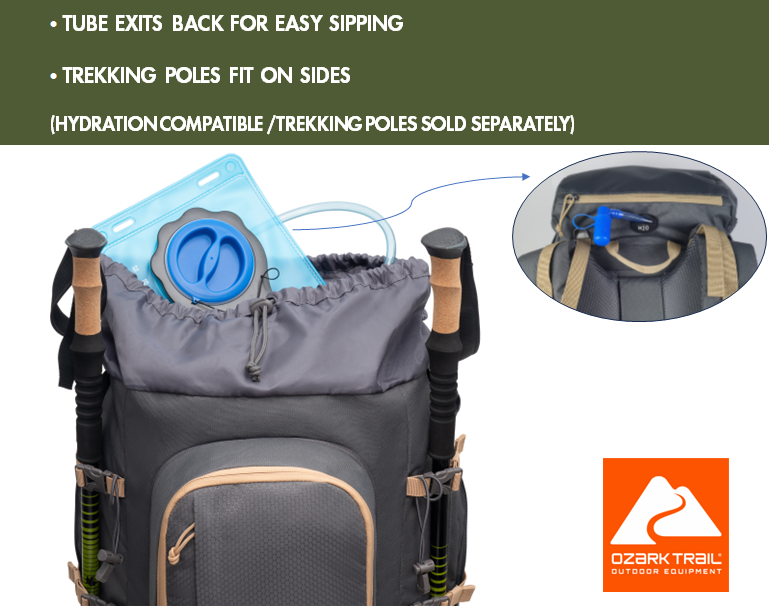 Mochila de senderismo Ozark Trail para adulto de 60L en poliéster 420D hexágono/600D con múltiples bolsillos, tostado y gris 3