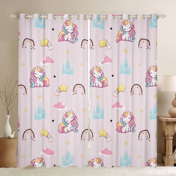 Homewish Kawaii Pink Unicorn Blackout Curtains Set of 2 (52x84 Each), Dreamy Princess Castle Window Curtains, Cartoon Stars Rainbow Curtains and Drapes, Black Out Curtains Room Decor