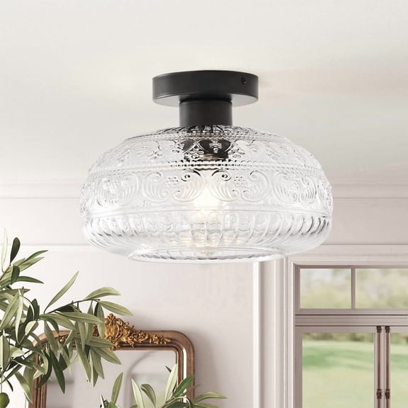 Modern Ceiling Light with Texttured Glass Shade 11.02" Flush Mount Lighting for Living Room, Kitchen, Bedroom