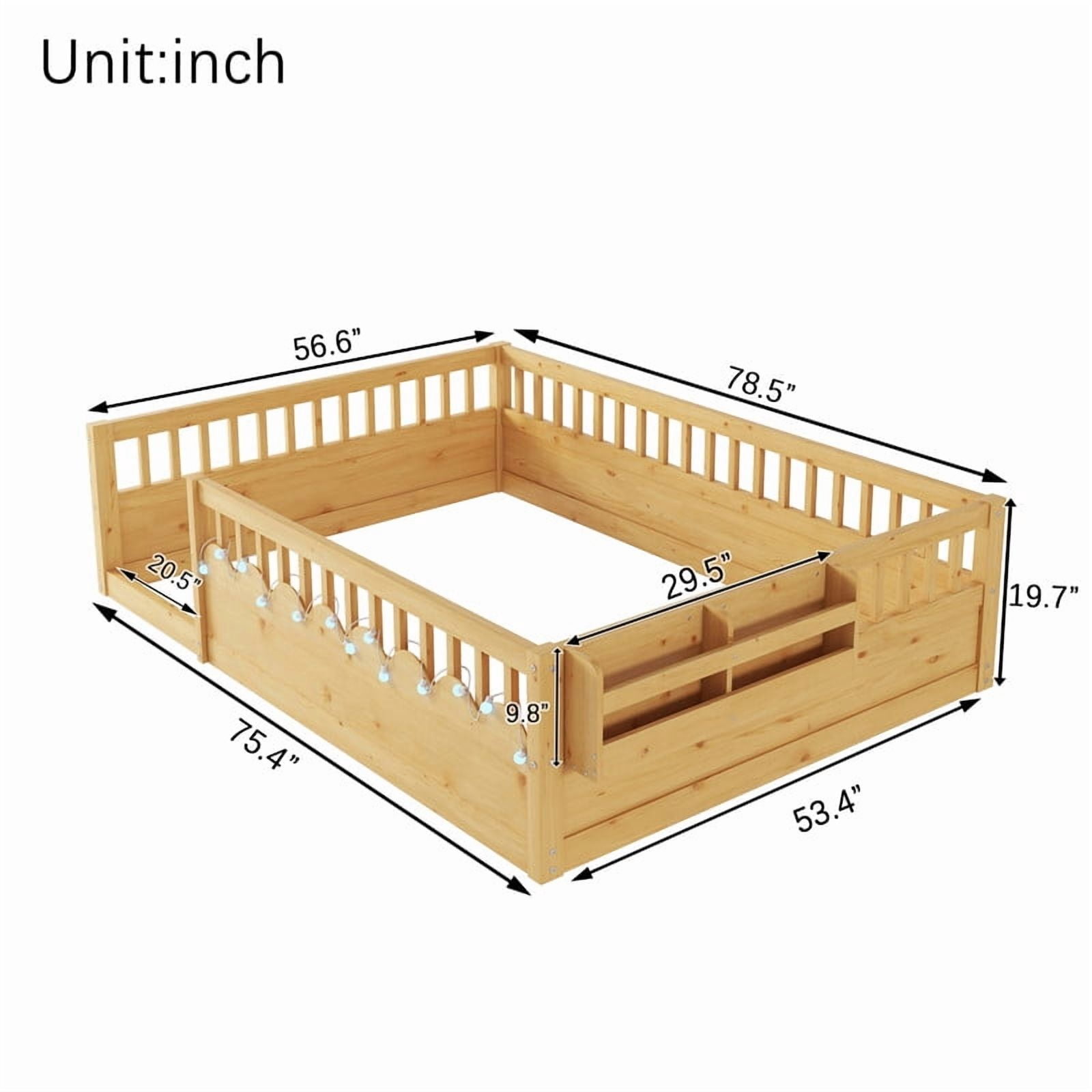 Montessori Floor Bed with High Rails, LED Lights & Storage Shelf, Safe & Wider Opening Gate Design, Full Size Floor Bed for Boys & Girls, Natural