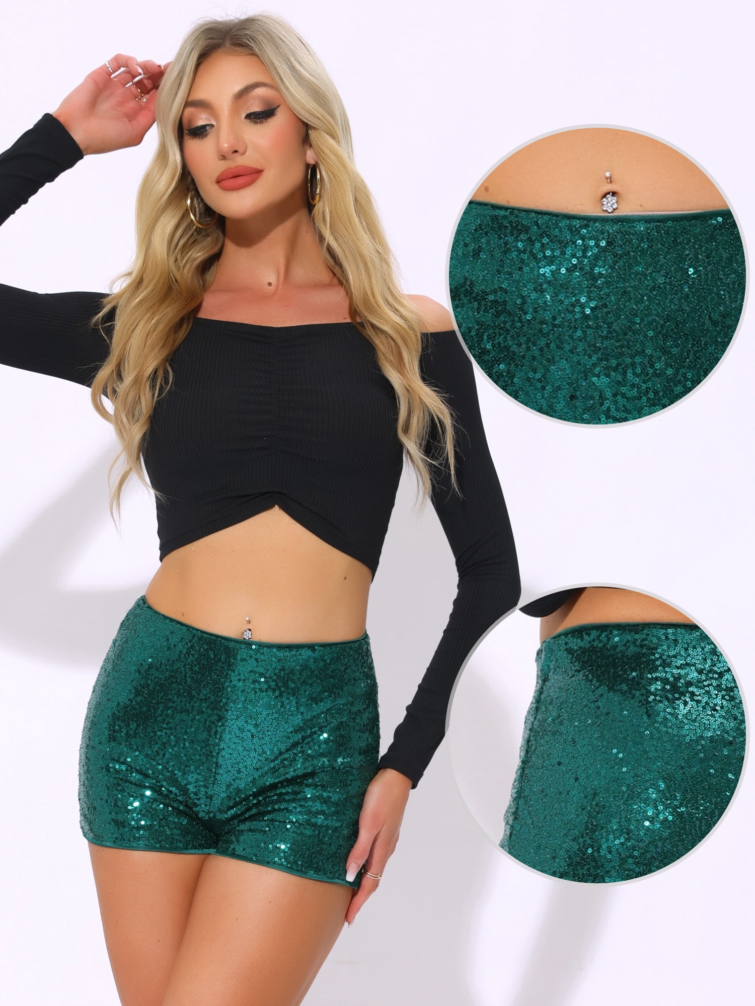 DARING DIVA Women's Midrise Solid Sparkle Coctail Sequin Shorts XL Dark Green