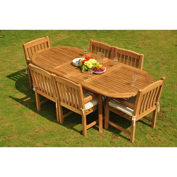 Teak Dining Set: 6 Seater 7 Pc: 94" Double Extension Dining Oval Table And 6 Devon Arm/Captain Chairs Outdoor Patio Grade-A Teak Wood WholesaleTeak #WMDSDV10