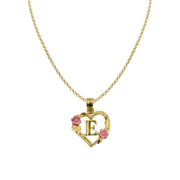 Genuine 14k Two-tone Gold 0.66" Floral Heart Initial E Pendant Necklace 16", 18", 20", 22" Trendy Charm Initial Necklaces for Women