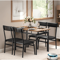 Luku 5 Piece Dining Table Set, Wood Table & 4 PU Chairs, Industrial Metal Frame Kitchen Set