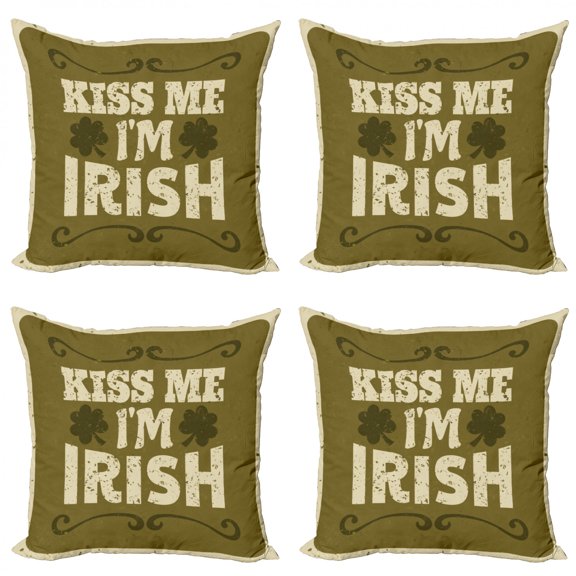 Ambesonne Saying Throw Pillow Cover 4 Pack, Irish Culture Elements, 24", Cream and Green Brown
