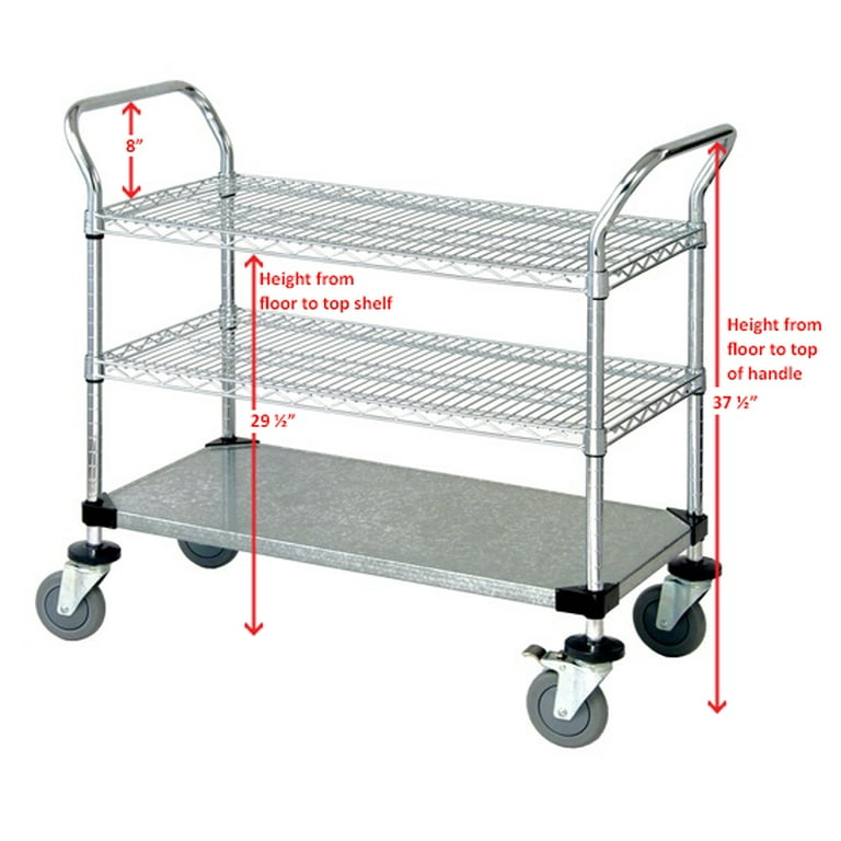 3-Tier Wire Cart with Stainless Steel Top, Chrome - 36L x 24W x 39 1/2H