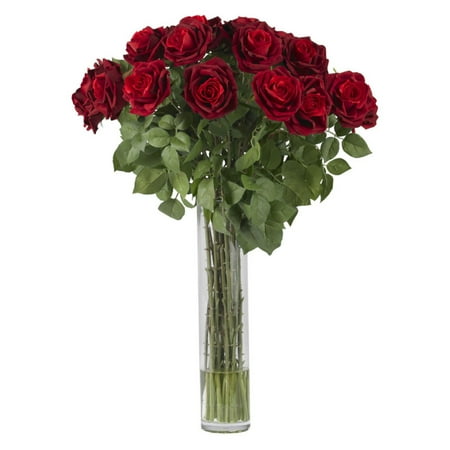 Large Rose Silk Flower Arrangement Nearly Natural Large Rose Silk Flower Arrangement - Red This is it - if you want to make a bold statement with beautiful flowers  our large Rose arrangement is exactly what you are looking for. Standing nearly three feet in height  the lush  red blooms rise out of a soft bed of leafy greens  making this arrangement a literal feast for the eyes. Complete with a 18  high vase (with faux water)  your Roses will never wilt  and look as stunning years from now as they do today. Height: 32    Width: 22    Depth: 22  . Category: Silk Arrangement. Color: Red. Pot Size: W: 4 in  H: 18 in Brand: Nearly Natural Model Number: 1368-1215Shipping Details