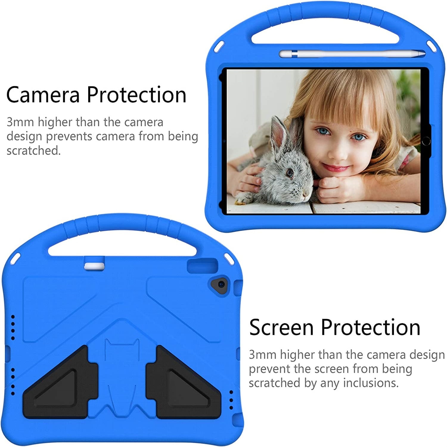 SaniMore Kids Case for iPad 10.2 2021/2020/2019, iPad 9th/8th/7th Generation Case with Pencil Holder & Screen Protector, Shock Proof Light Weight Convertible Handle Stand Kids Shell Case, Blue