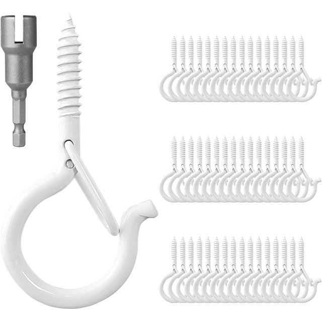 HAHDAXIA 48 PCS Screw Hooks for Outdoor String Lights, Q Hanger Ceiling Hooks for Hanging Plants Christmas Lights, Cup Eye Hooks with Safety Buckle, Include Wing Nut Driver, 2.2 Inches