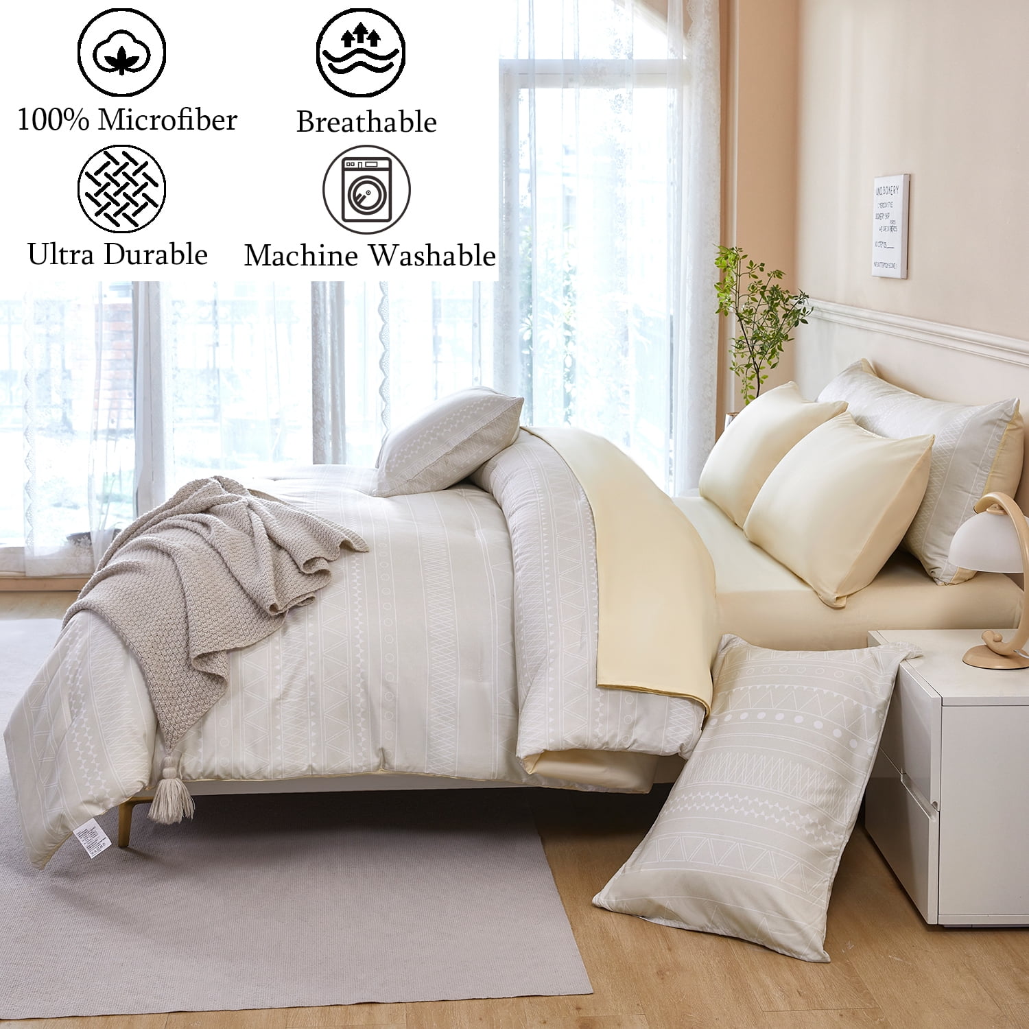 RYNGHIPY Boho Comforter Set Full Vintage 8-Pieces Cream Striped Bedding Sets Soft Microfiber Geometric Print Bed in a Bag for All Season (Cream, Full)