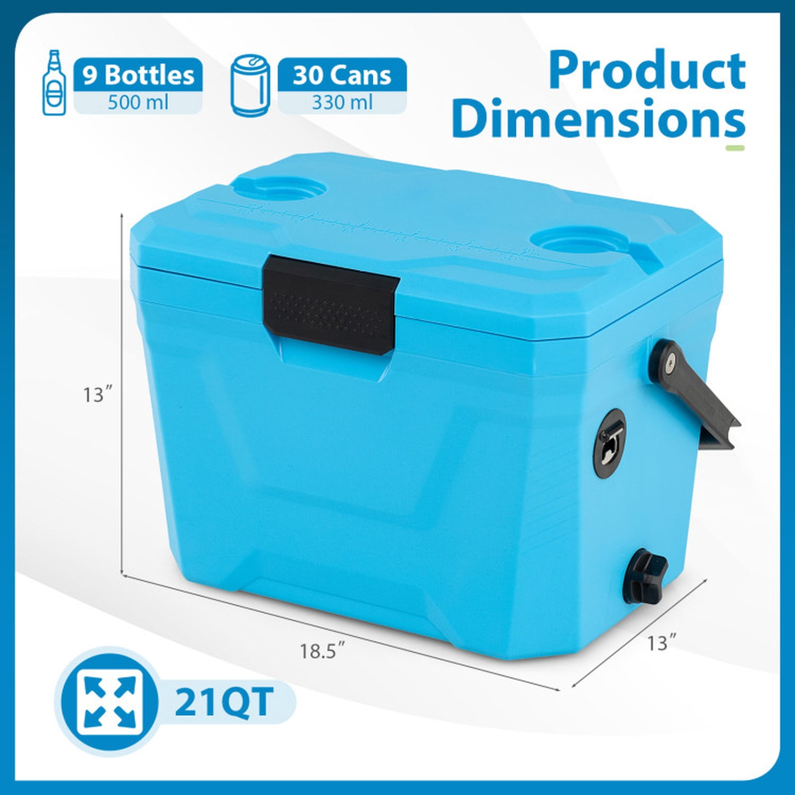 Biotree 21 Qt Insulated Portable Cooler Hard Shell Ice Chest with 2 Cup Holders, Blue