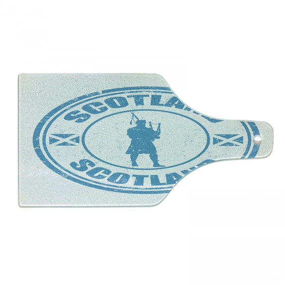 Scotland Cutting Board, Typography and Grunge Stamp with Man Silhouette Playing the Bagpipes, Decorative Tempered Glass Cutting and Serving Board, in 3 Sizes, by Ambesonne
