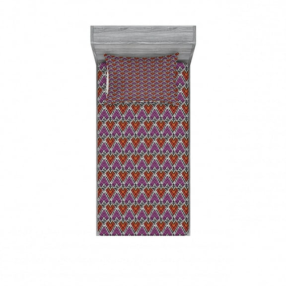 Geometric Bedding Set with Sheet & Covers, Traditional Fashion Ornament Patch Crosslinked Design, Printed Bedroom Decor 2 Shams, 4 Sizes, Fuchsia Dark Orange, by Ambesonne