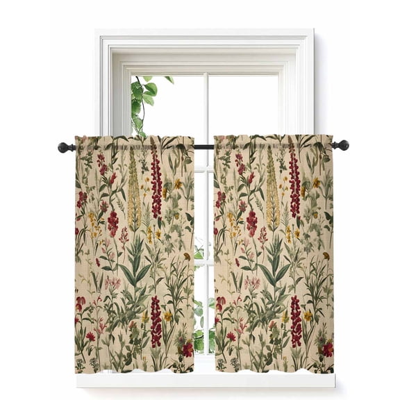 Rustic Botanical Curtains 45 Inch Length, Sheer Curtains for Bedroom Living Room Window Vintage Floral Wildflower Rod Pocket Voile Drapes Kitchen Curtains Small Half Window 52"x45" 2 Panels